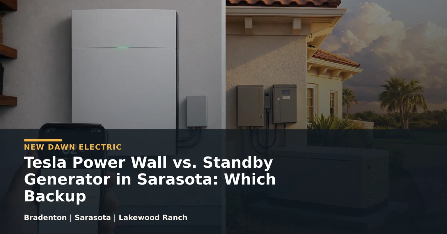 Tesla Power Wall vs. Standby Generator in Sarasota: Which Backup Approach Fits Your Home? - New Dawn Electric featured image